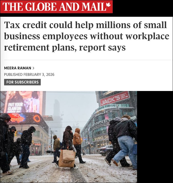Globe and Mail: Tax credit could help millions of small business employees without workplace retirement plans